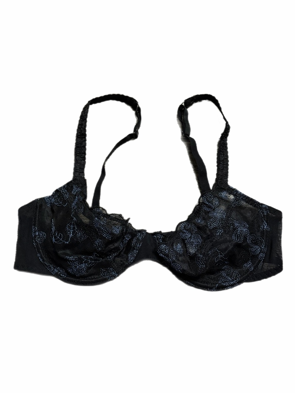 90s European Vintage Floral Embroidered Unlined Bra (Black/Blue) Size 34C